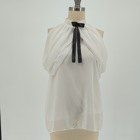 Tops - Women Draped Sleeve Bow Neck Chiffon Top White M/L classic victorian coquette gi